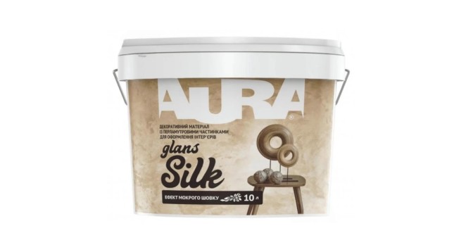 Декоративне покриття Мокрий шовк Aura Silk Glans з шовковистим блиском та перламутровим ефектом срібне 10 л (11,9 кг)